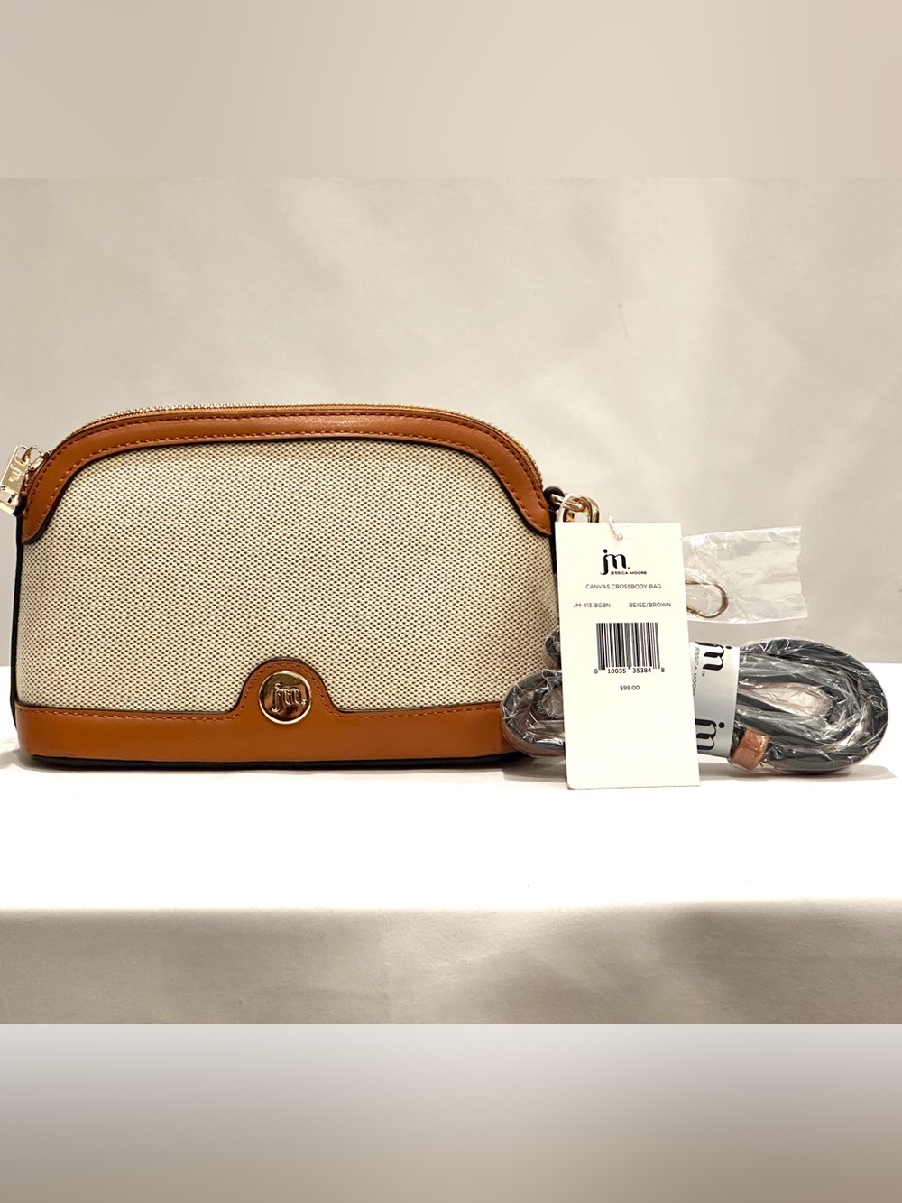 Jessica Moore (JM Collection) Cream Canvas with Tan Leather Trim Crossbody NWT